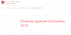 Jesus College, Cambridge Graduate Scholarships 2018, UK